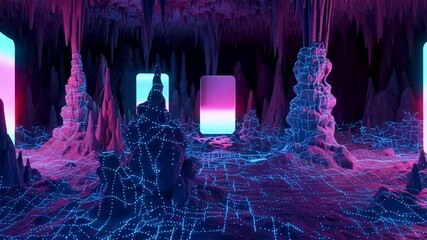 Futuristic digital cave landscape with glowing geometric shapes and neon network patterns - Powered by Adobe