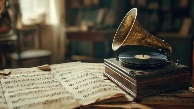 This image features a vintage phonograph with a record in place, sitting on an old sheet of music, creating a nostalgic atmosphere evoking the charm of classical records.
