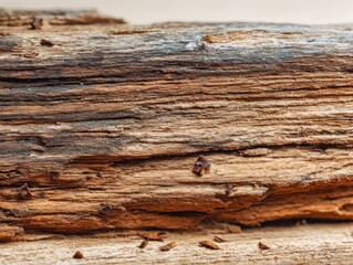 Obraz premium Close-up of weathered, textured wooden surface with cracks and small debris