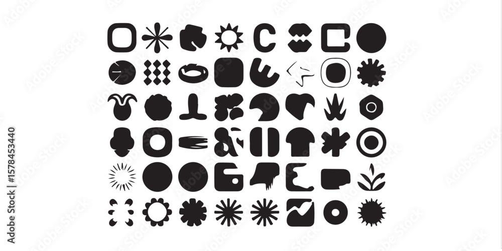 Poster a collection of assorted black and white abstract shapes and symbols arranged in rows and columns