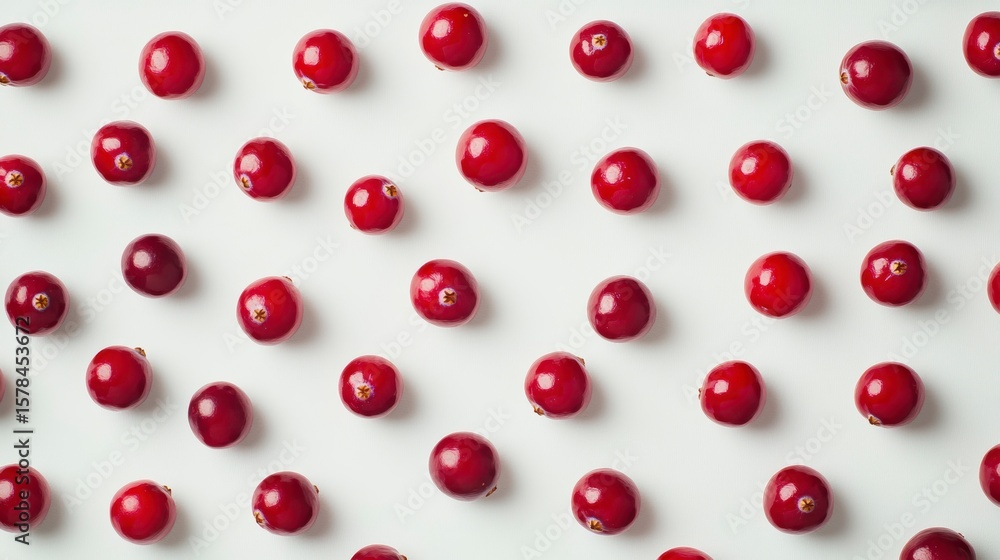 Poster overhead view of cranberries arranged in a repeating pattern on a white background.