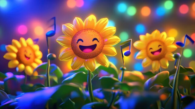 smiling sunflower singing pop song on illuminated stage