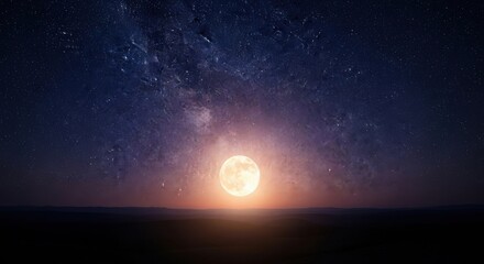 Obraz premium Majestic Full Moon Rises Over a Starry Horizon Casting a Golden Glow