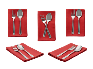 Elegant stainless steel cutlery — fork, knife, spoon neatly placed on red or blue napkin — perfect for dining, restaurant, and kitchen designs. Isolated on transparent PNG background.