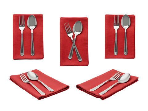 Elegant stainless steel cutlery — fork, knife, spoon neatly placed on red or blue napkin — perfect for dining, restaurant, and kitchen designs. Isolated on transparent PNG background.