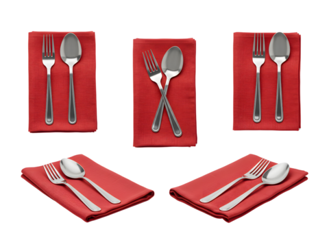 Elegant stainless steel cutlery — fork, knife, spoon neatly placed on red or blue napkin — perfect for dining, restaurant, and kitchen designs. Isolated on transparent PNG background.