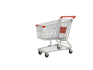 Realistic metallic shopping cart with red plastic handle, perfect for grocery, retail, e-commerce, and business design concepts. Isolated on a transparent background for easy use.