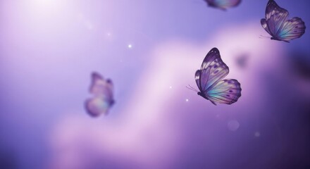 Magical purple butterflies flying gracefully against a soft blurred sky background with bokeh effects