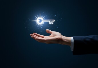 Glowing Key Above Hand: Opportunity, Solution, and Success in Dark Blue Space