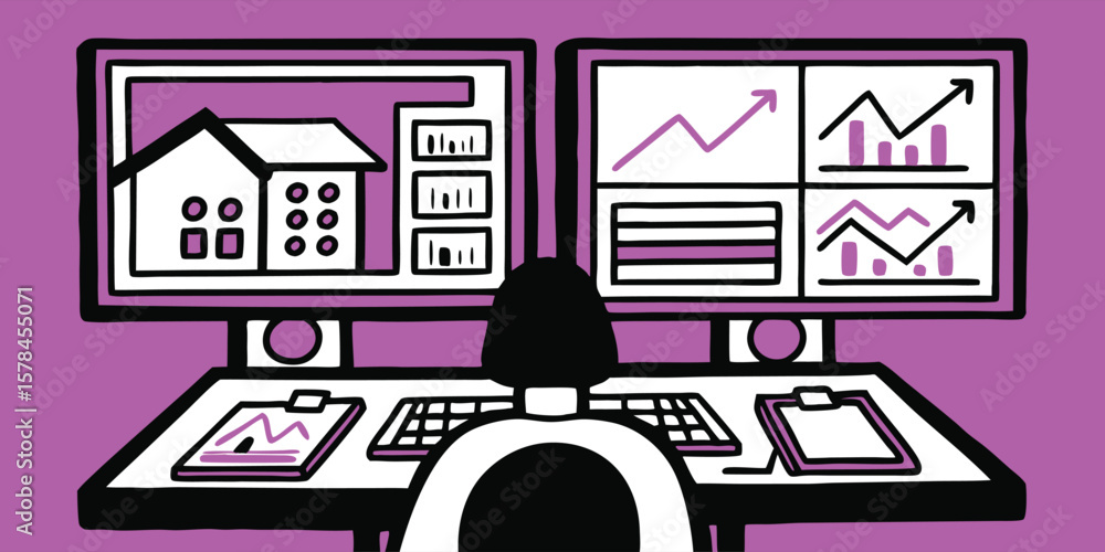 Poster person analyzing data on multiple screens technology