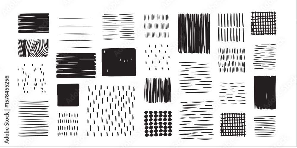 Poster abstract black and white hand drawn textures with lines dots and squares in various patterns