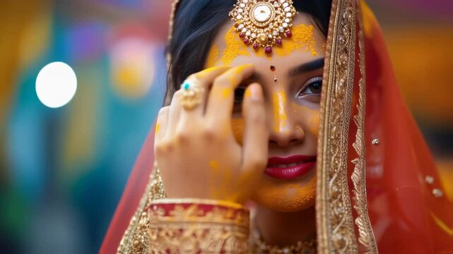 Close-up of a beautiful Indian bride with turmeric paste on her face during a traditional Haldi wedding ceremony.