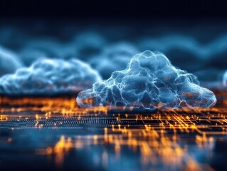 Blue Glowing Cloud Above Orange Circuitry On Dark Background