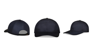 Black blank Baseball caps mock up transparent background, front and back or different side, realistic style. Hat blank template, 3 angle view	