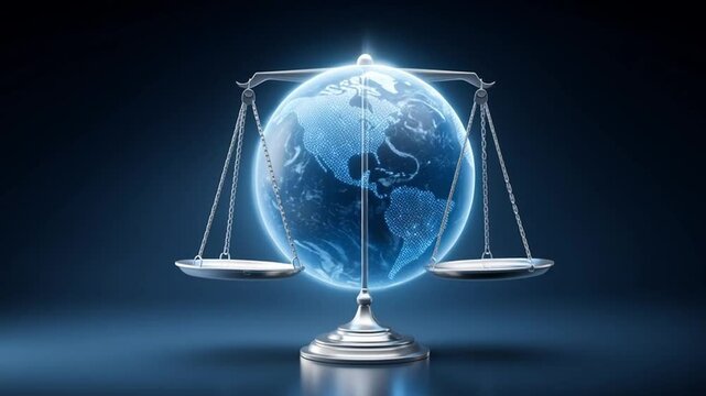Glowing globe balanced on silver scale symbolizes global justice and international law promoting fairness equality and balance within global legal system ensuring worldwide fairness and peace