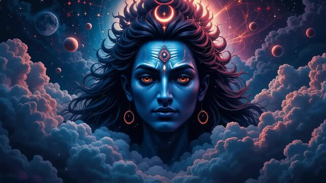 A celestial portrait of a deity with a serene expression amidst cosmic clouds and celestial bodies.
