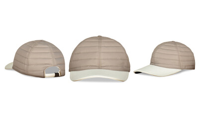 Blank Baseball caps mock up transparent background, front and back or different side, realistic style. Hat blank template, 3 angle view	