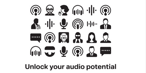 A collection of black and white podcast and audio related icons arranged in rows and columns format