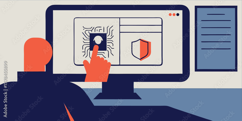 Poster person interacting with computer screen displaying security