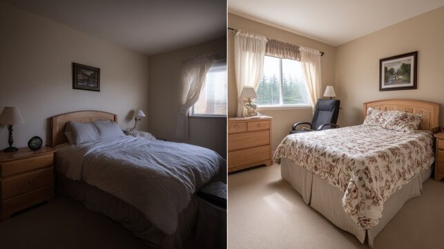 Side-by-side room transformation showing worn outdated decor versus fresh modern furnishings under soft natural lighting.