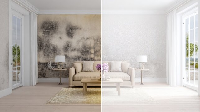 Side-by-side room transformation showing worn outdated decor versus fresh modern furnishings under soft natural lighting.