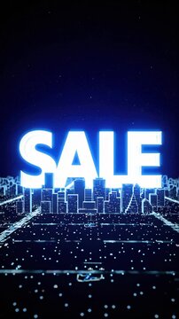 Large glowing Sale text above digital night cityscape, promotion, shopping, marketing concept. Cyber Monda