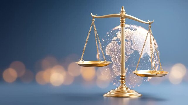 Golden scale balance symbolizing justice and law with glowing digital globe representing global and international legal symbol of gold for worldwide fairness and equality