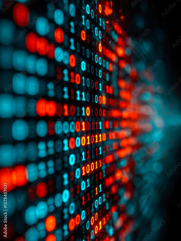 Poster digital data streams with binary code in vibrant red and blue hues