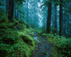 Obraz premium Enchanting foggy trail through lush green forest