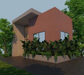 A 3D rendering of a modern minimalist house, featuring large glass windows and a tropical garden in front, with a high staircase around the house.