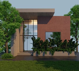 Modern minimal 3d render house exterior with large glass windows and tropical garden in the front. Contemporary architectural design surrounded by green trees, captured during sunset.