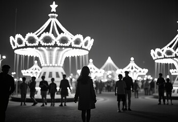 Festive Amusement park with children playing during candlelight