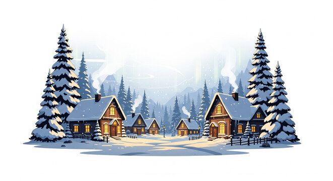 Winter landscape with snow-covered cabins nestled amongst pine trees, smoke rising from chimneys in a serene, cold environment.
