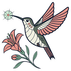 Obraz premium Illustration of a hummingbird with pink wings feeding on a flower with a starburst design element