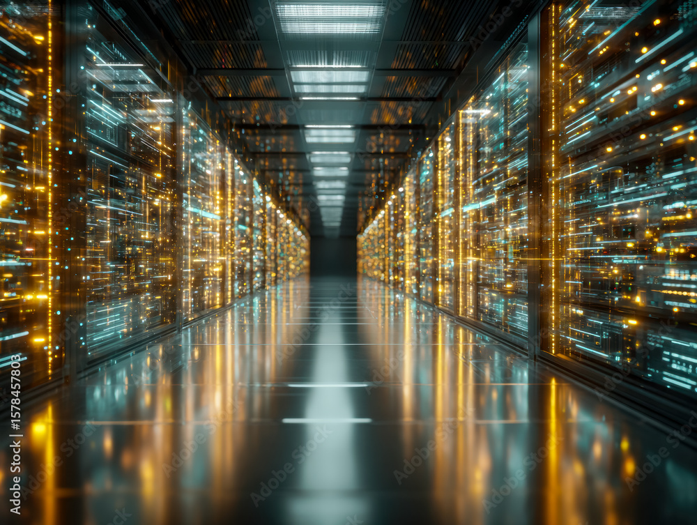 Poster futuristic data center corridor with glowing server racks and dynamic light effects