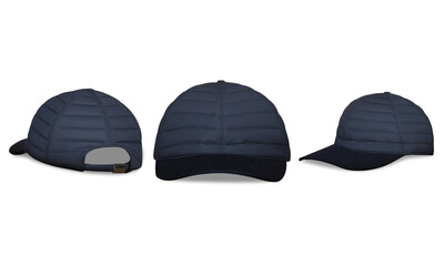 Navy blue blank Baseball caps mock up transparent background, front and back or different side, realistic style. Hat blank template, 3 angle view	