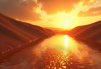 Warm Desert oasis with sunset sky during backlit