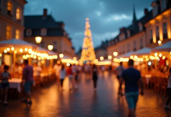 Joyful Town square with parade floats during flashlight