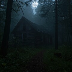 Abandoned Haunted Cabin in the Forest with Broken Windows and Moonlight Filtering Through Trees