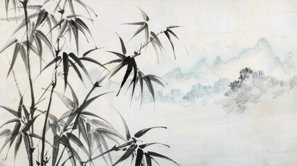 Obraz premium Traditional Ink Bamboo Painting with Mountain Landscape