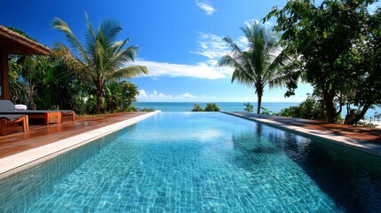 Obraz premium Infinity pool overlooking ocean, tropical paradise with palm trees and wooden deck.