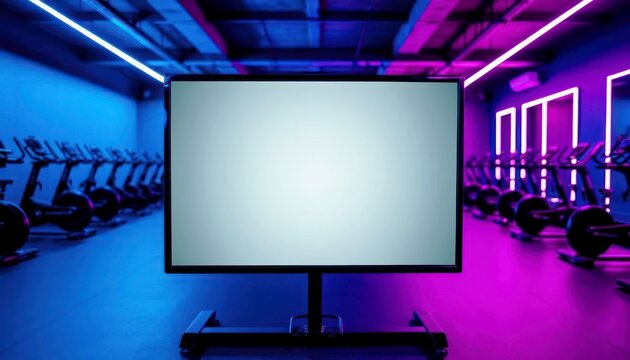 A modern gym interior with exercise bikes and a large blank screen. The space is illuminated with blue and purple neon lights, creating a vibrant atmosphere.