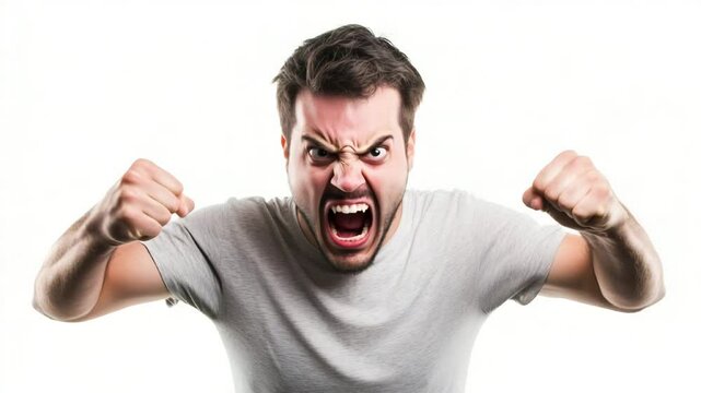 Angry man isolated on white, ultra-realistic expression of frustration.