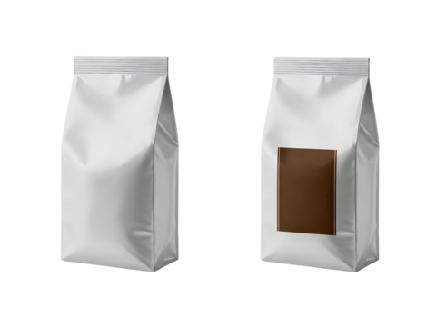 Two brown kraft paper bags with zipper seals, ideal for coffee, tea, snacks, and eco-friendly packaging concepts. Isolated on transparent background for mockups and branding use.