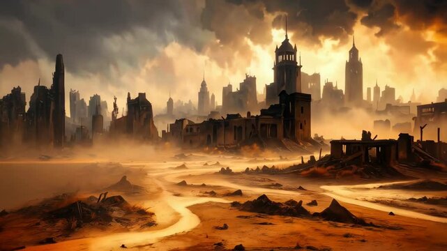 Eerie landscape of ruined city under warm sunset with ruined buildings and dirt road creating a post-apocalyptic scene in a desolate environment