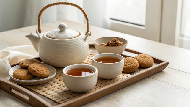Cozy tea time setup with teapot, cups, cookies, and snacks