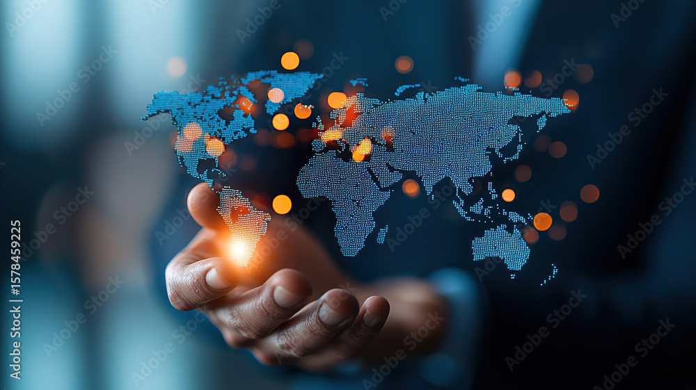 Poster digital representation of world map with glowing connections, symbolizing global communication and t