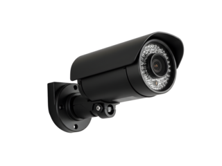 Modern white and black wall-mounted CCTV security camera for surveillance and safety monitoring — essential for crime prevention and property protection. Isolated on transparent background.