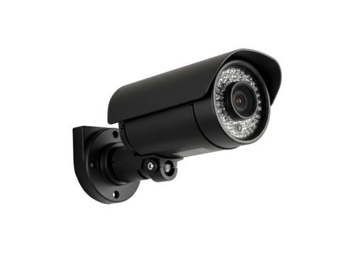 Modern white and black wall-mounted CCTV security camera for surveillance and safety monitoring — essential for crime prevention and property protection. Isolated on transparent background.