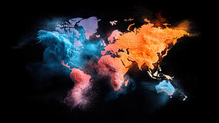 Vibrant world map created with colorful powder, showcasing interconnected regions in blue, orange, and pink hues. This artistic representation emphasizes global unity and sustainability